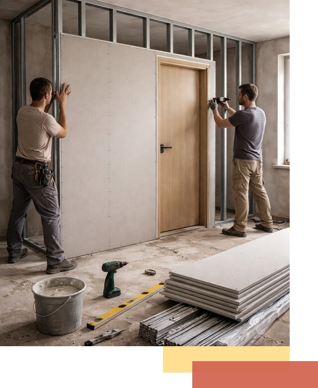 Перегородка из гипсокартона с дверью под ключ в Сланцах