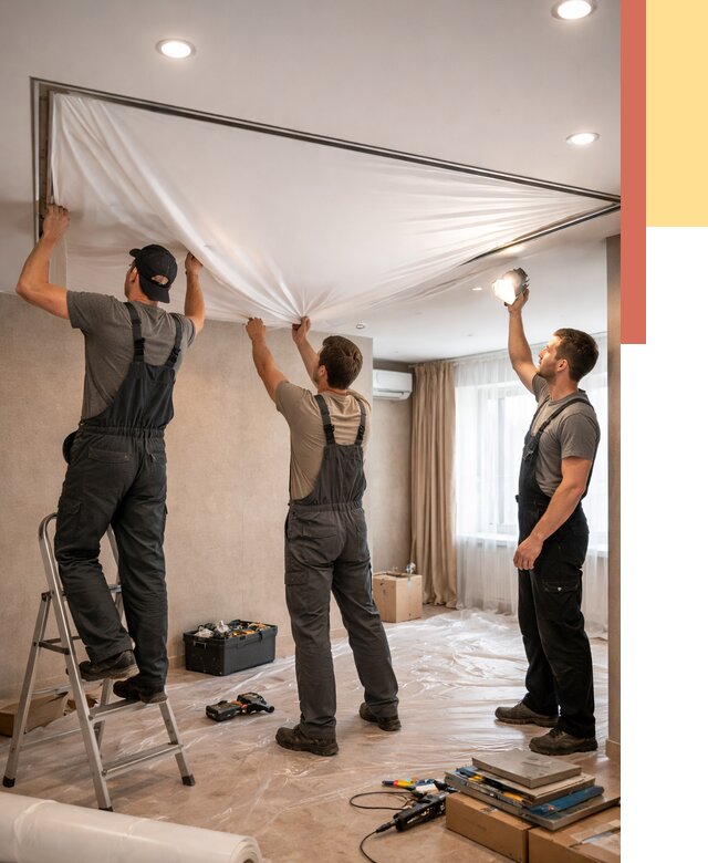 Монтаж ПВХ натяжного потолка в Сланцах от 3616 руб. под ключ | ОТДЕЛОЧНИК-Слы