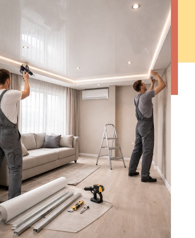 Монтаж глянцевого натяжного потолка в Сланцах от 775 руб. под ключ | ОТДЕЛОЧНИК-Слы