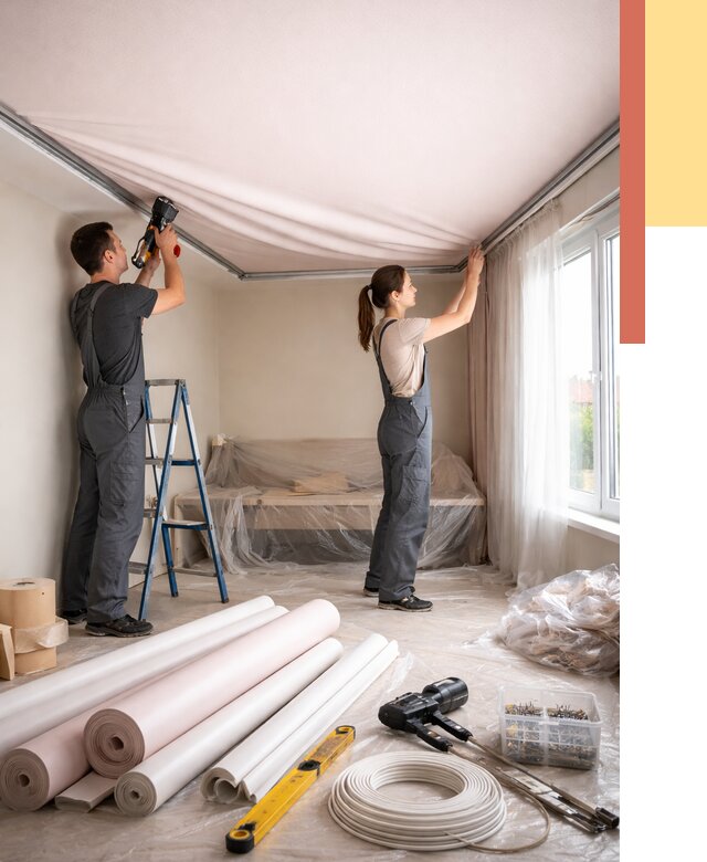 Монтаж цветного натяжного потолка в Сланцах от 4339 руб/м² — быстро и недорого | ОТДЕЛОЧНИК-Слы