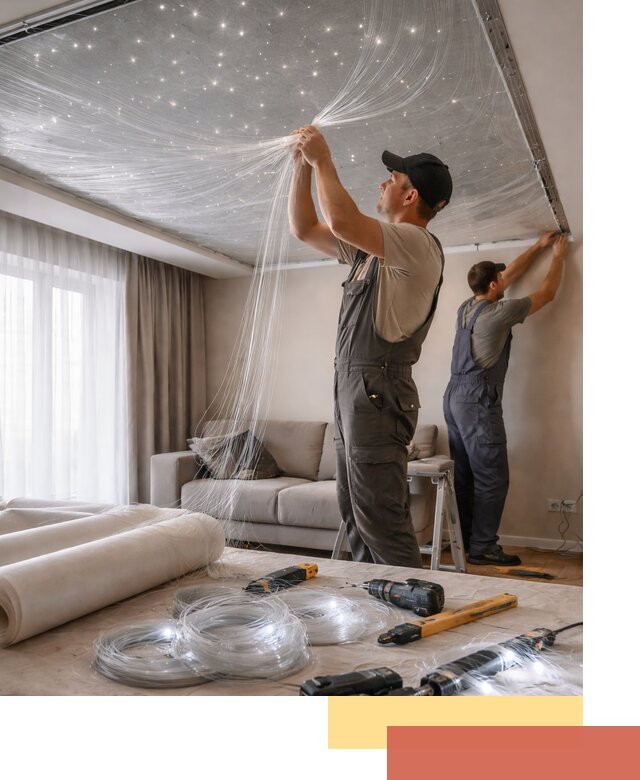 Монтаж натяжного потолка «Звездное небо» в Сланцах