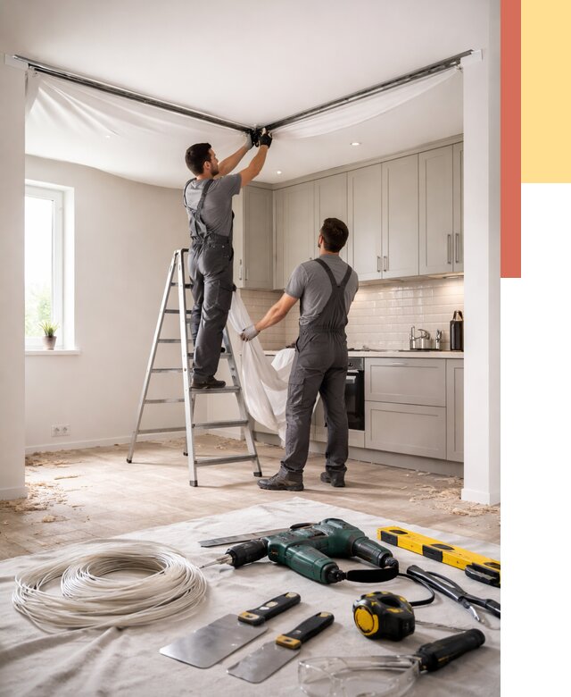 Установка натяжного потолка на кухне в Сланцах от 2480 руб. | ОТДЕЛОЧНИК-Слы