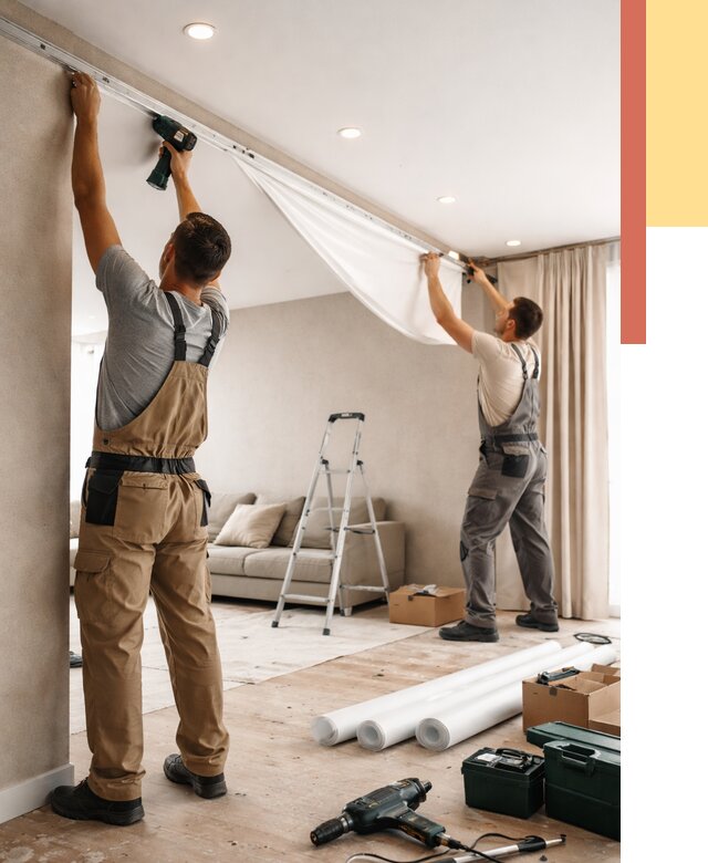 Монтаж натяжного потолка в гостиной в Сланцах от 568 руб. | ОТДЕЛОЧНИК-Слы