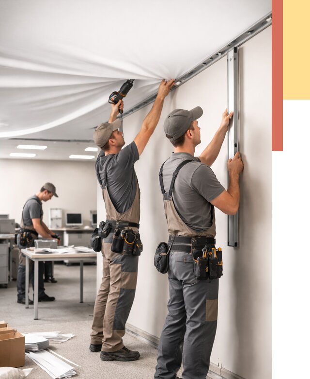 Монтаж натяжного потолка в офисе в Сланцах от 465 руб/м² — быстро и недорого | ОТДЕЛОЧНИК-Слы