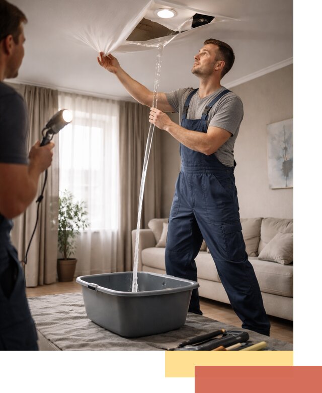 Слив воды с натяжного потолка в Сланцах быстро и аккуратно